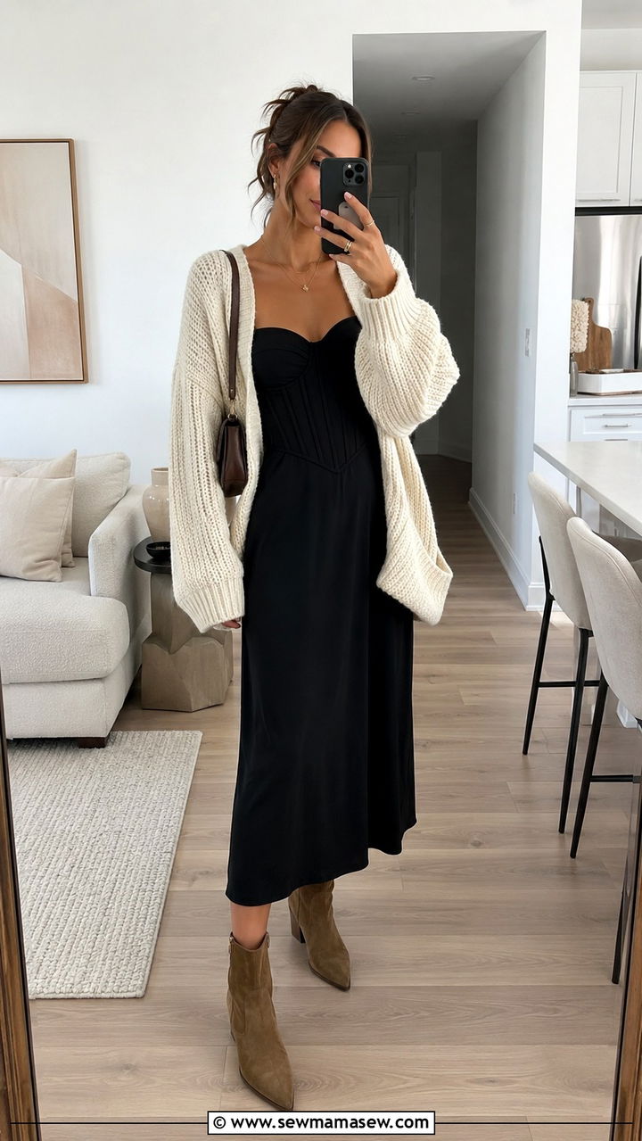 Corset Style Dress with Oversized Knit and Ankle Boots - 30 Transitional dress outfit ideas