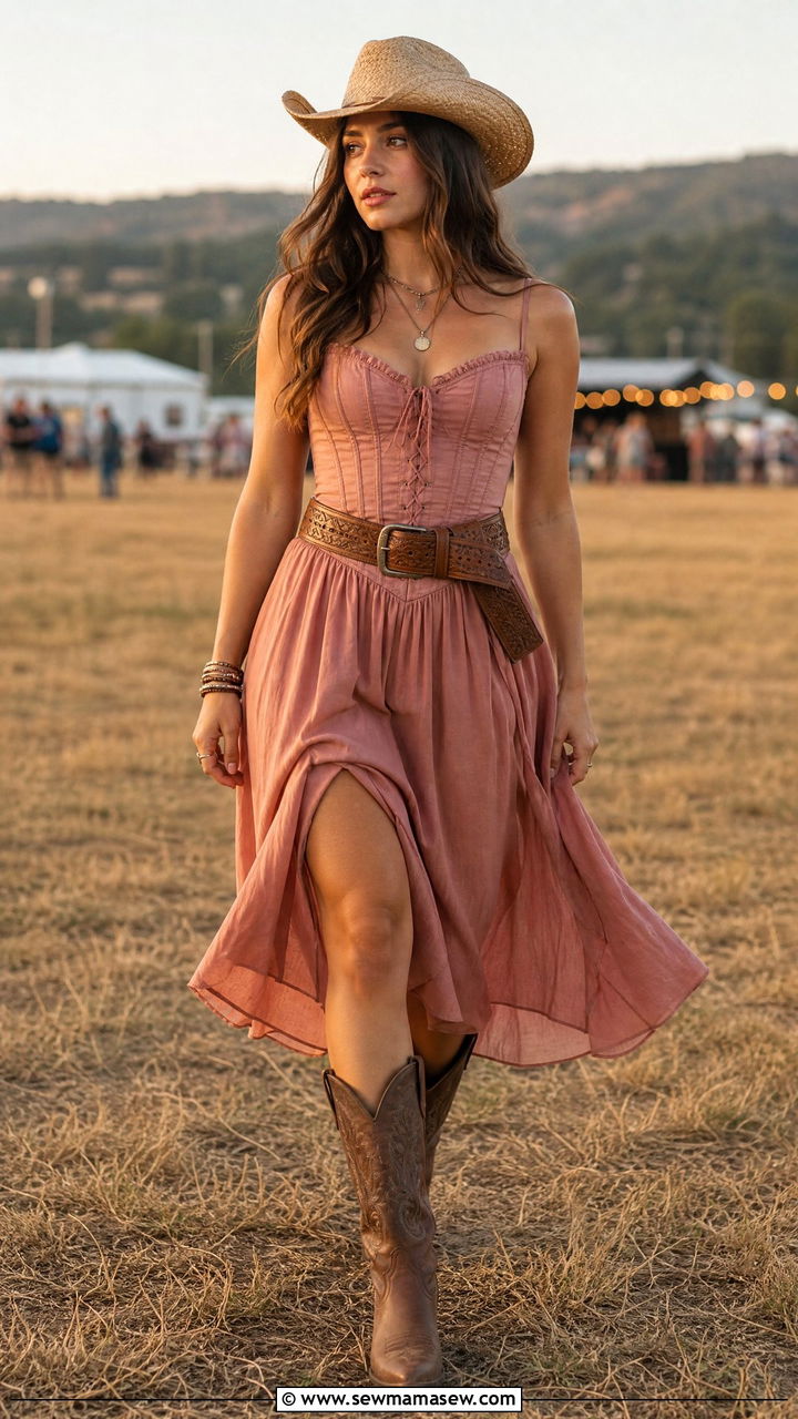 Corset Style Midi Dress With Flowing Skirt And Boots - 30 Country music festival outfit ideas 2026