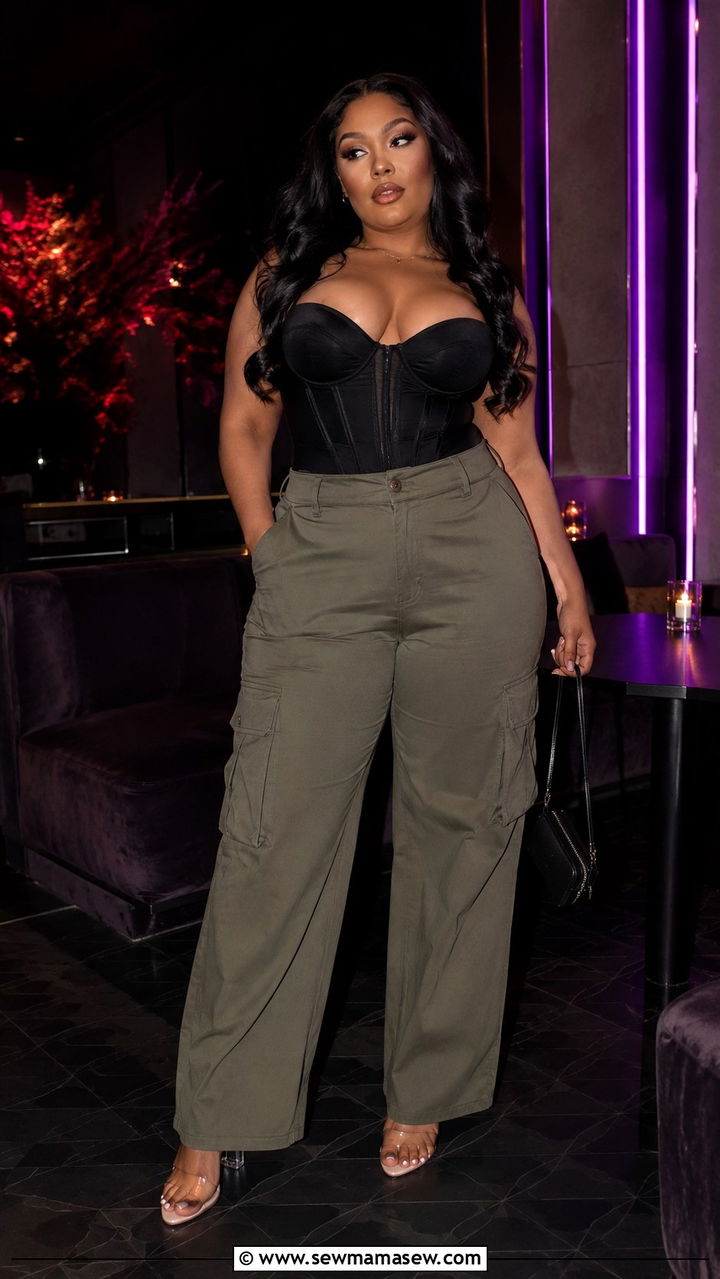 Corset Style Top With Cargo Pants and Heeled Sandals - 30 Plus size outfit ideas with cargo pants