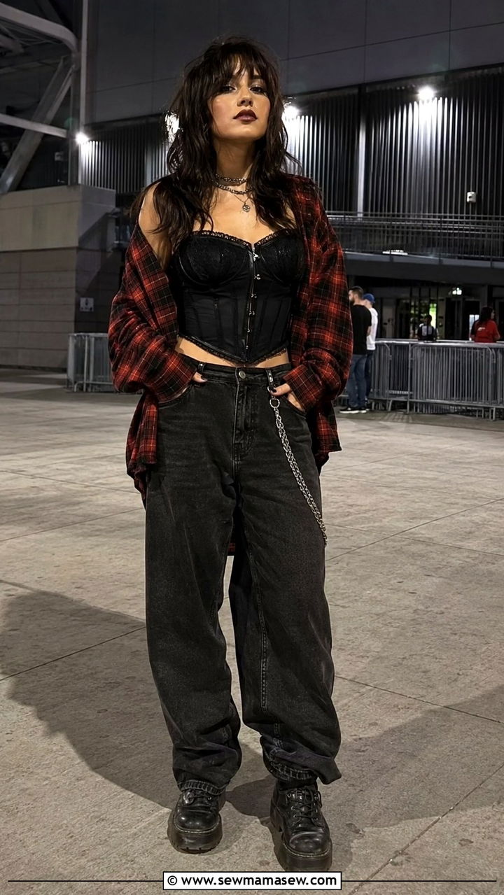 Corset Top With Baggy Pants and Flannel Layer - 30 grunge outfits aesthetic
