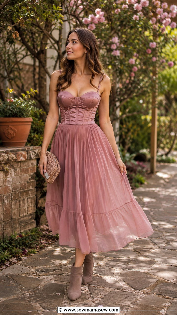 Corset Top With Flowy Midi Skirt And Ankle Boots - 30 casual fairycore outfits