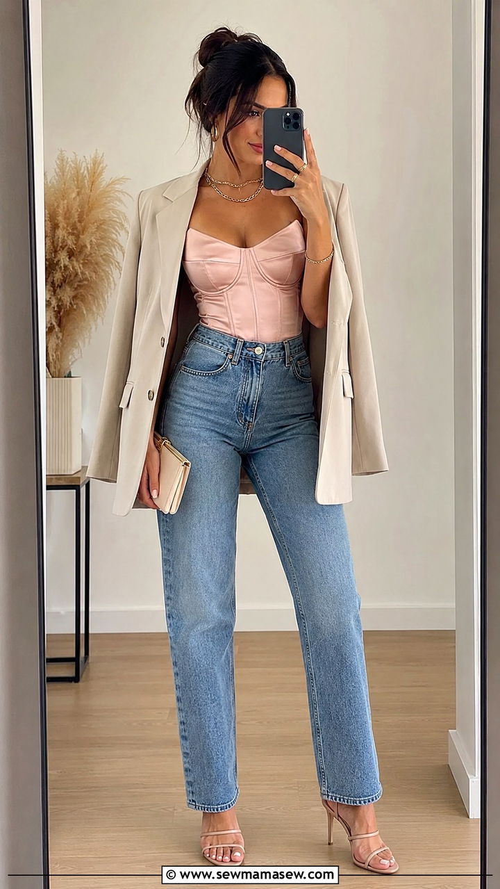 Corset Top With High Waisted Jeans - 25 seasonal girls night out outfit ideas
