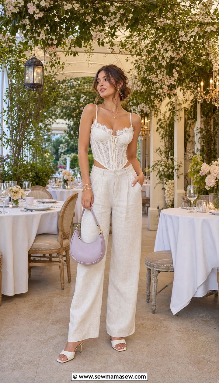 Corset Top With High Waisted Linen Pants And Heeled Mules - 25 summer fairycore outfit ideas