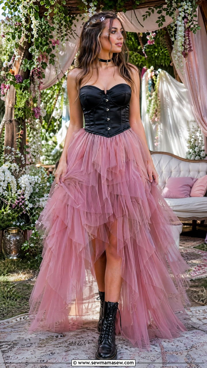 Corset Top With Layered Tulle Maxi Skirt and Combat Boots - 35 festival outfits aesthetic