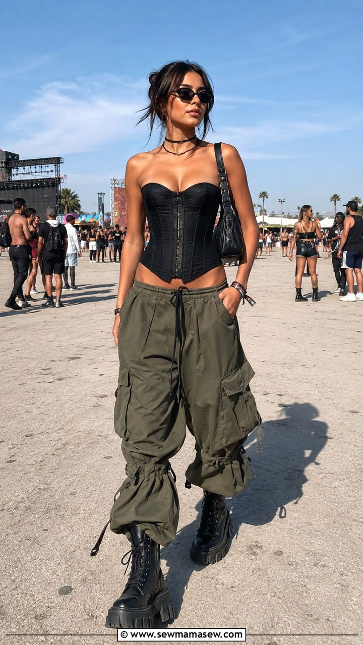 Corset Top With Parachute Cargo Pants Outfit - 25 Rolling Loud outfit ideas