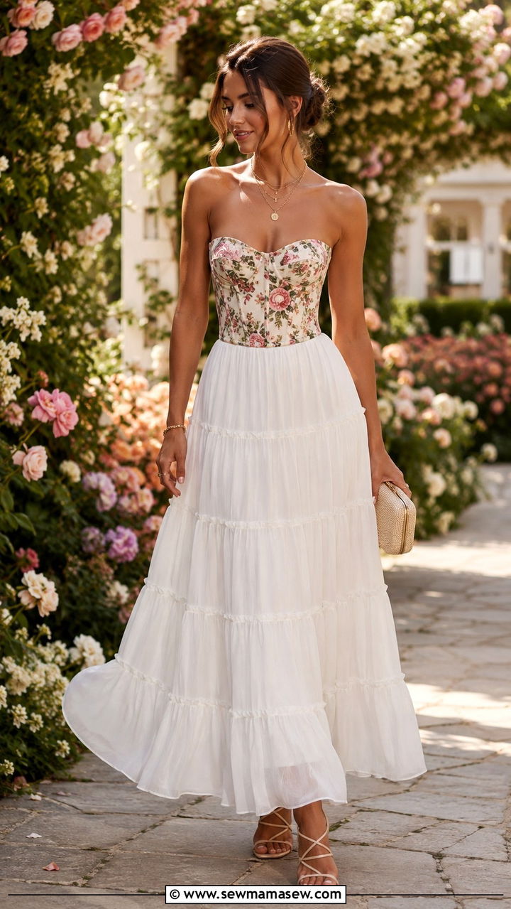 Corset Top With Tiered Maxi Skirt - 30 romantic outfit ideas for women