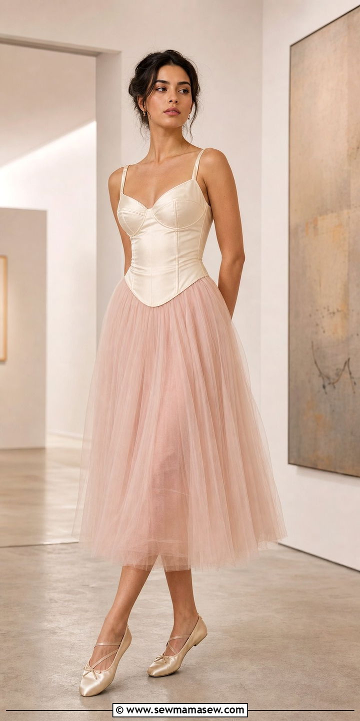Corset Top With Tulle Midi Skirt And Satin Flats Outfit - 35 Balletcore spring outfits