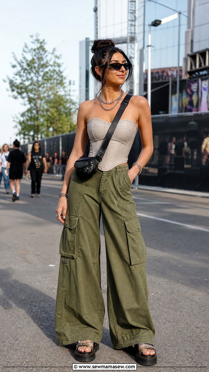 Corset Top With Wide Leg Cargo Pants - 30 classy summer concert outfit ideas