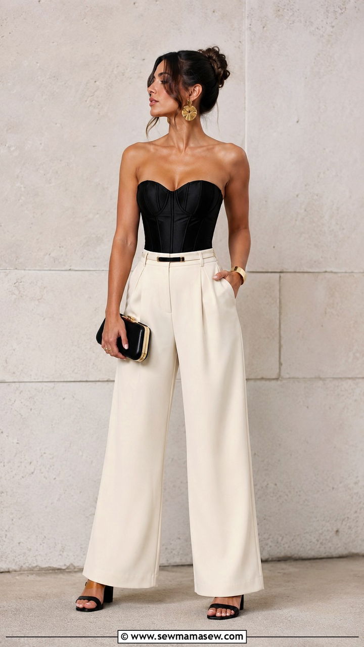 Corset Top With Wide Leg Trousers And Block Heel Sandals - 25 seasonal summer concert outfit ideas
