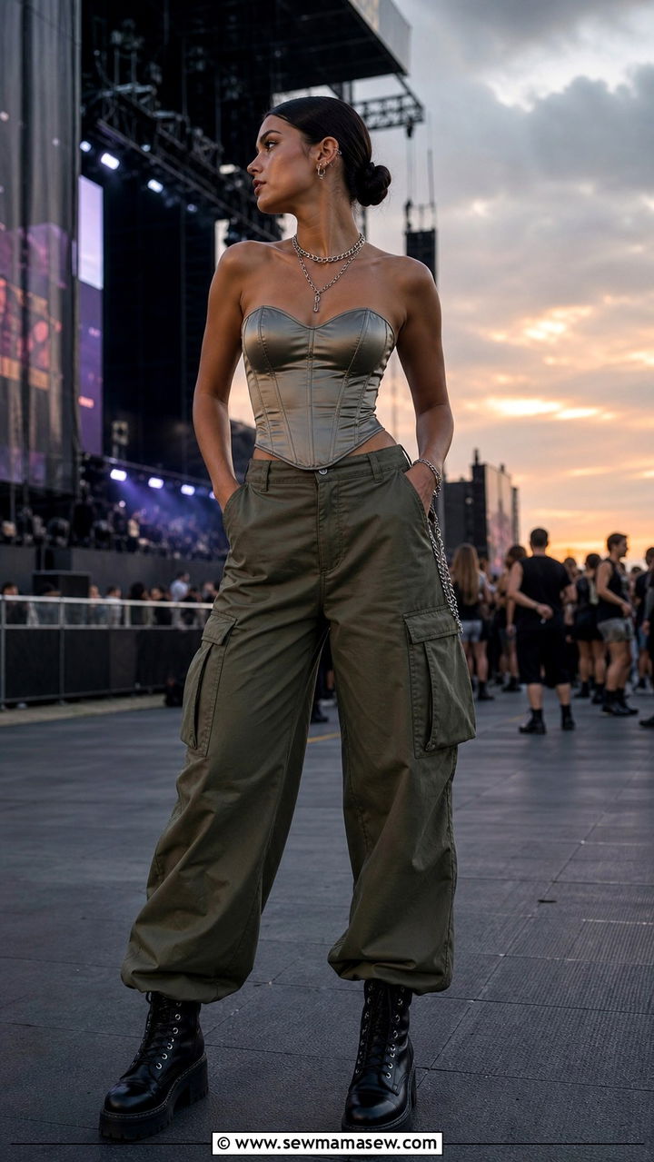 Corset Top and Cargo Pants Outfit - 40 Summer concert outfit ideas