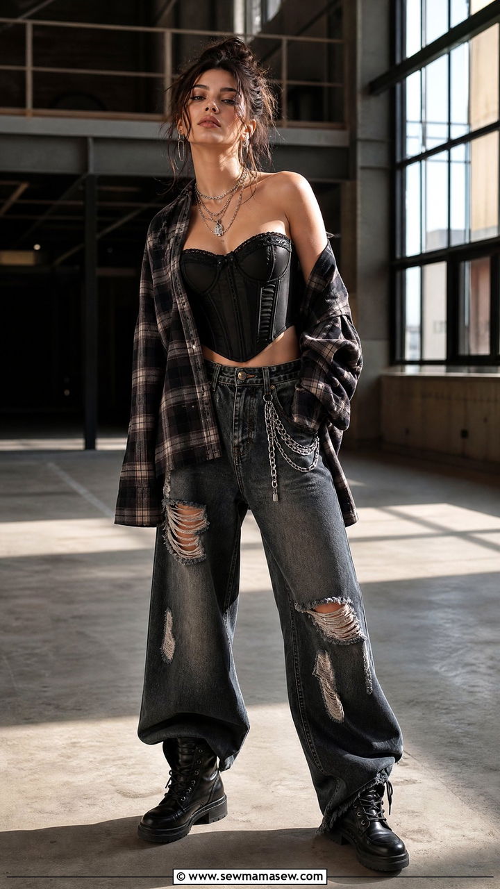 Corset Top with Baggy Jeans and Open Flannel Shirt - 35 grunge outfit ideas for women