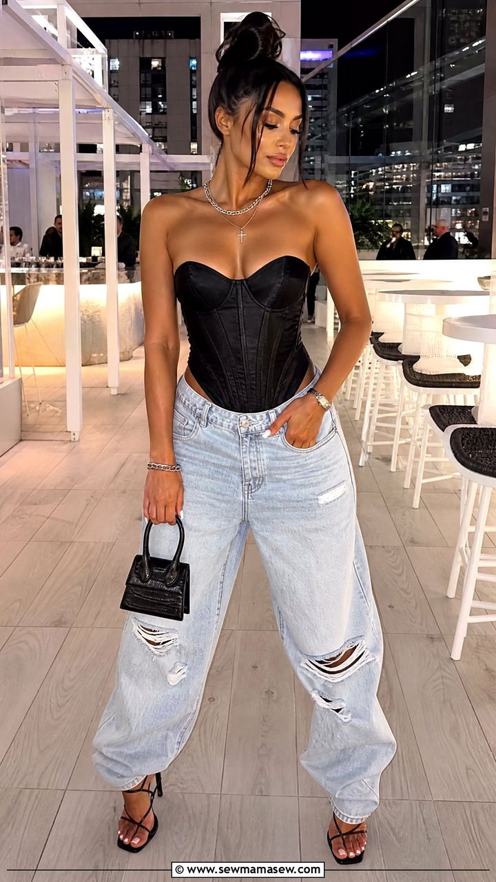 Corset Top with Baggy Ripped Jeans and Strappy Heels - 30 streetwear outfits to copy