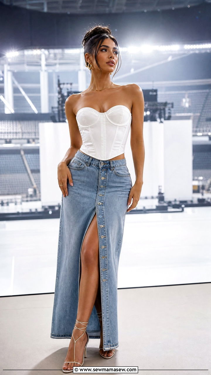 Corset Top with Denim Maxi Skirt - 25 Arena concert outfit ideas
