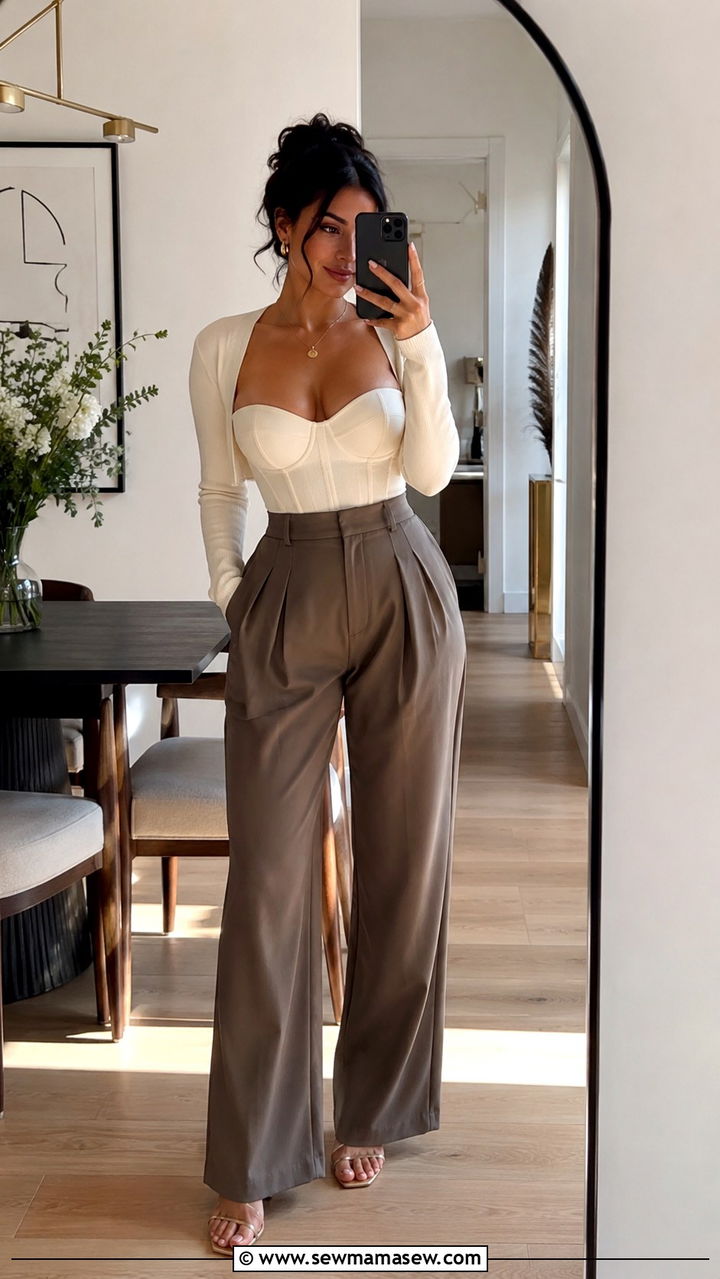Corset Top with High Waist Wide Leg Trousers - 25 Outfit ideas for big bust and small waist