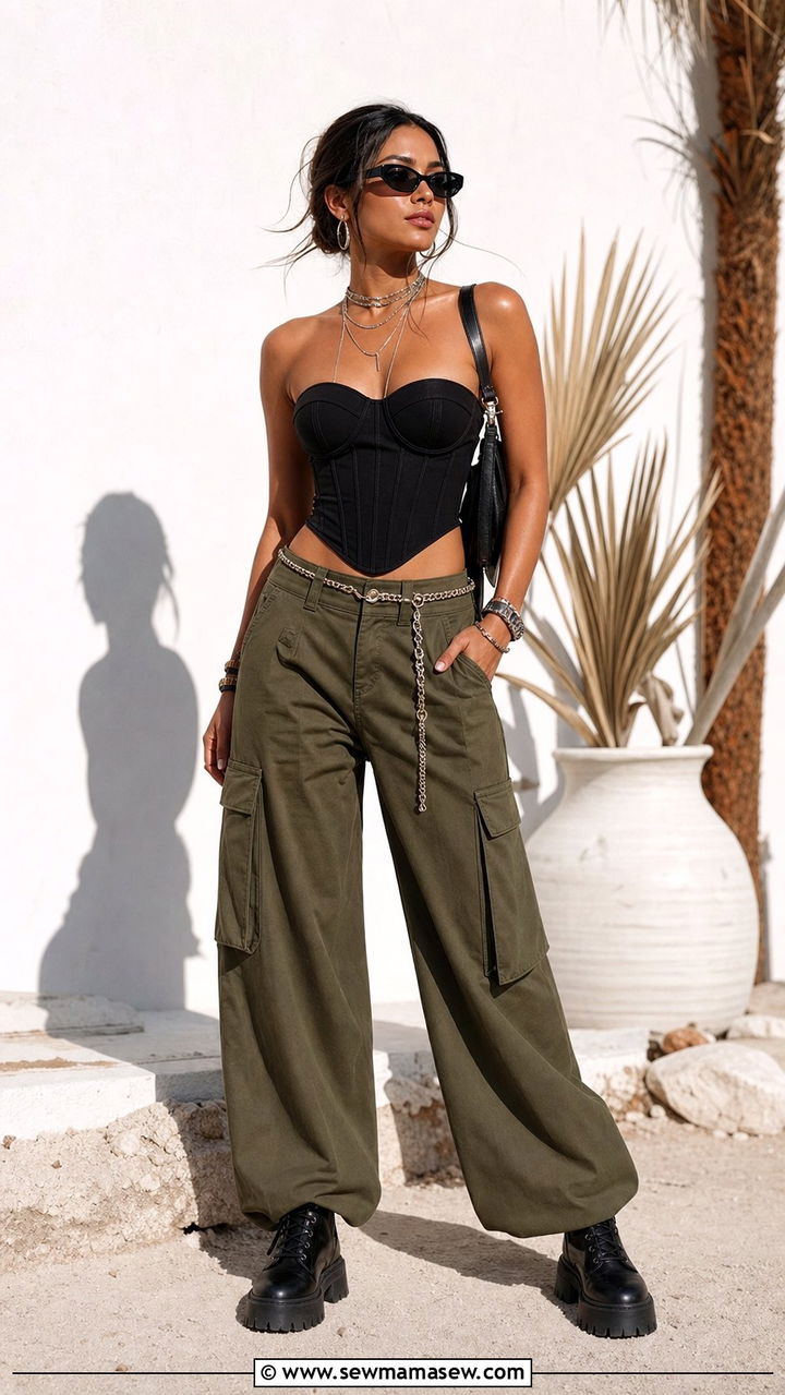 Corset Top with Wide Leg Cargo Pants - 25 cute Coachella outfits