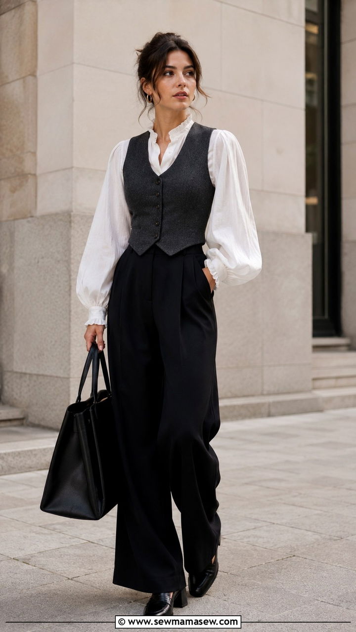 Corset Waistcoat Over Poet Blouse With Wide Leg Trousers - 25 poetcore outfits ideas