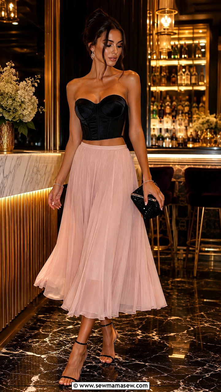 Corset crop top with midi skirt outfit - 30 Midi skirt outfit ideas with a crop top