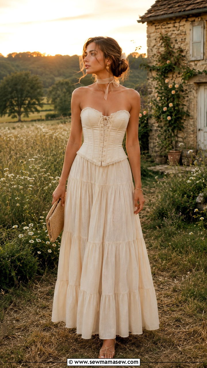 Corset top with a tiered maxi skirt - 30 Spring cottage outfits