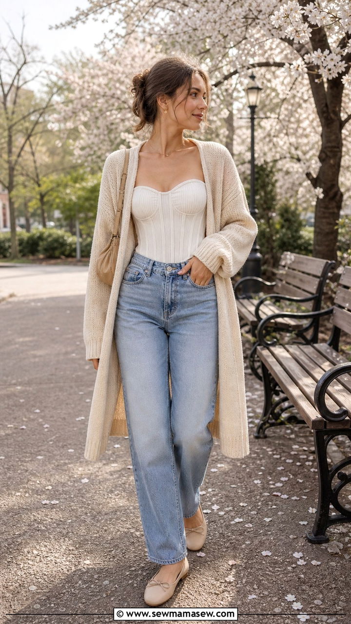 Corset top with cardigan - 40 Corset top outfit ideas