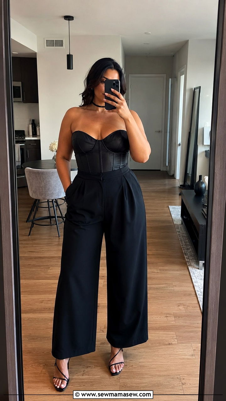 Corset top with high waisted wide leg trousers - 30 Party outfits for midsize women