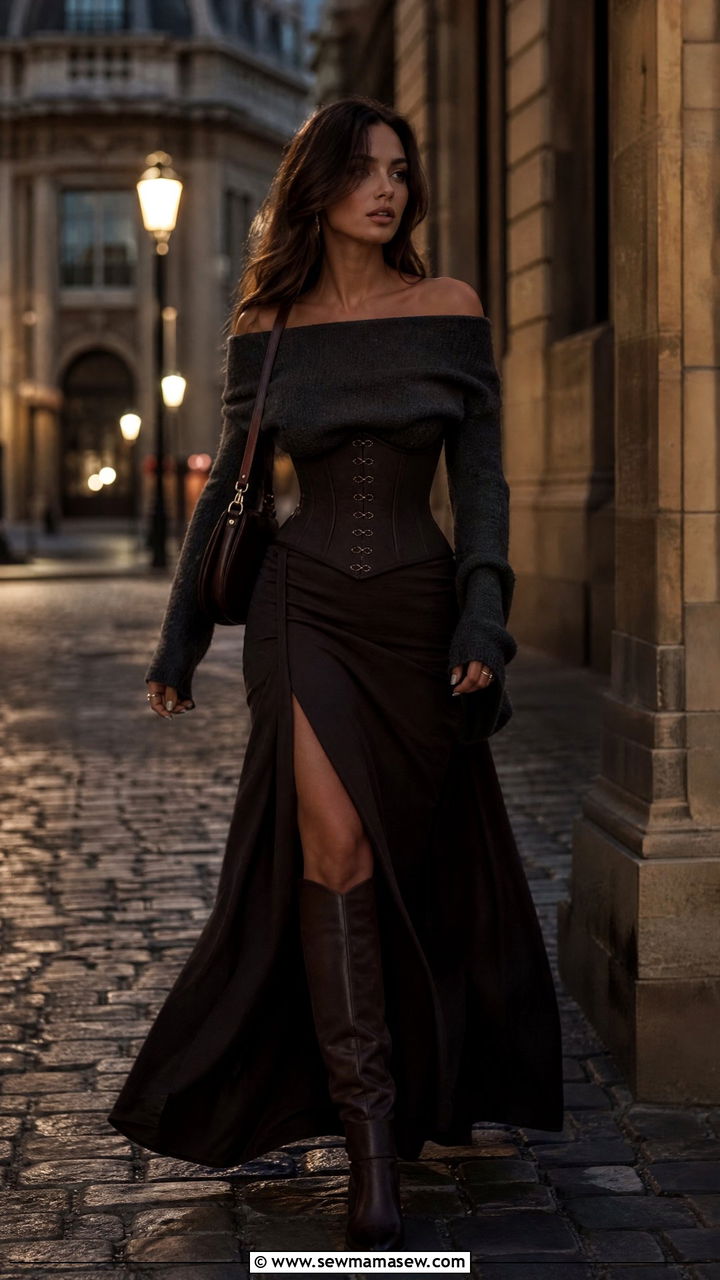Corseted Maxi Skirt With Off Shoulder Knit And Knee High Boots - 30 Dark romance outfit ideas