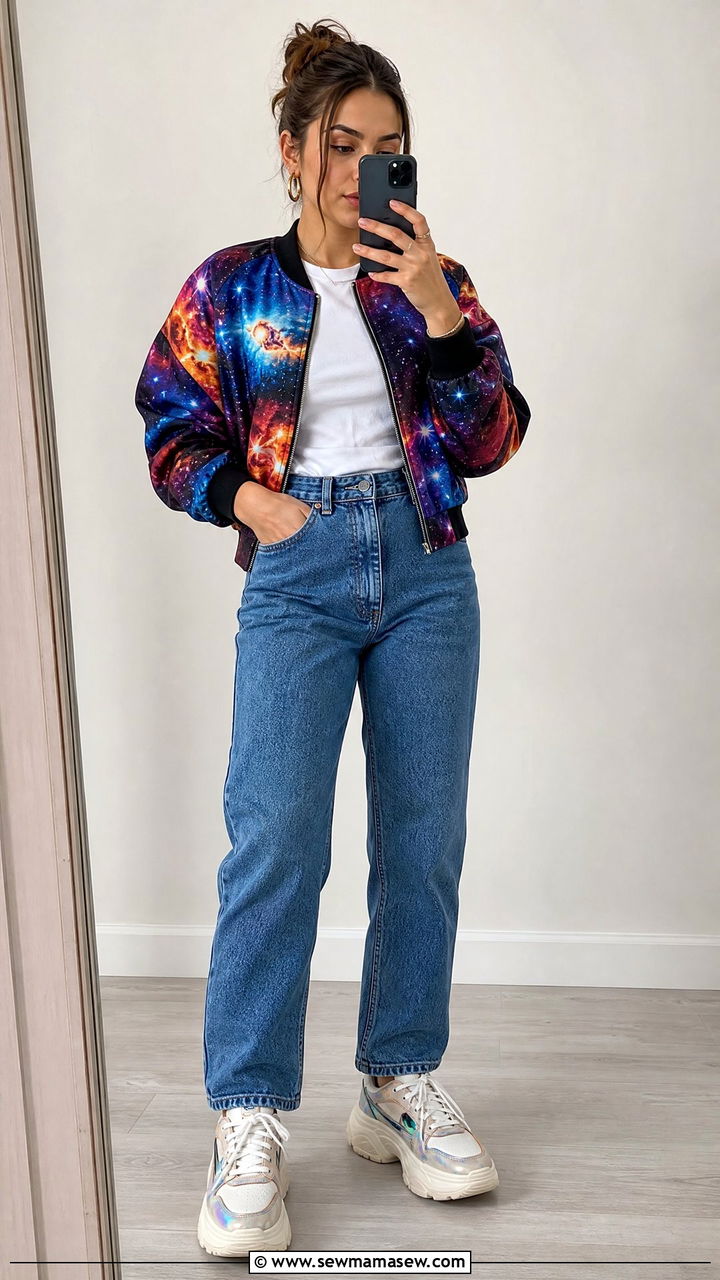 Cosmic Bomber Jacket with White Tee and High Waisted Jeans - 25 casual celestial outfits