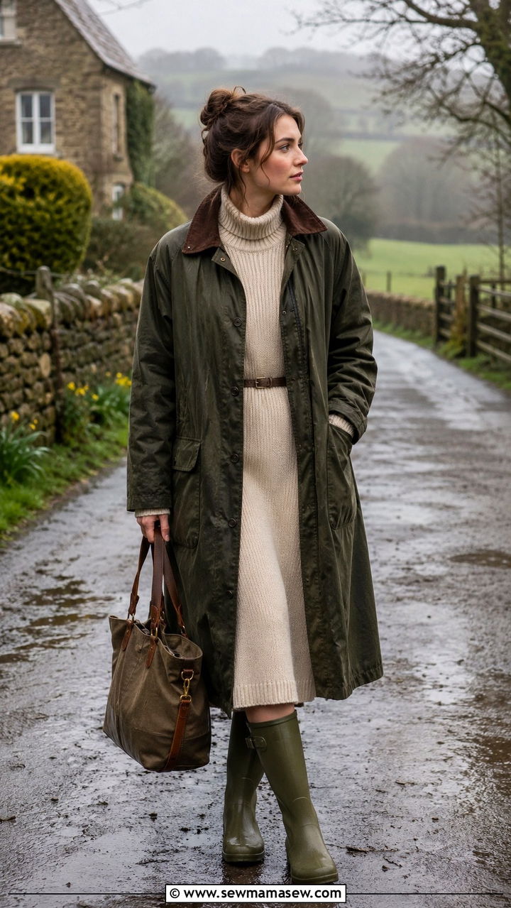 Cottage coat over a dress and wellies - 30 Spring cottage outfits
