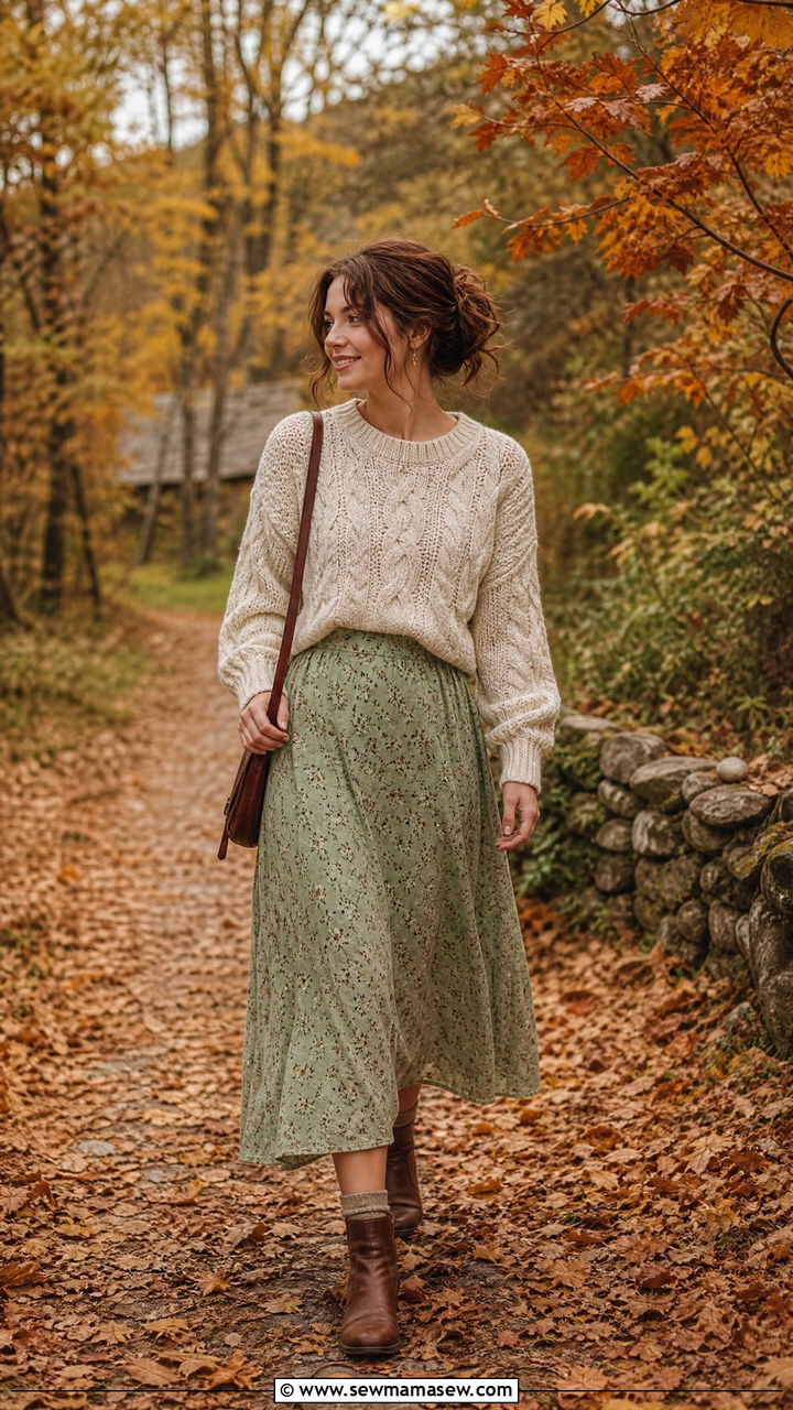 Cottagecore Cable Knit Sweater And Midi Skirt - 25 casual cottagecore outfits