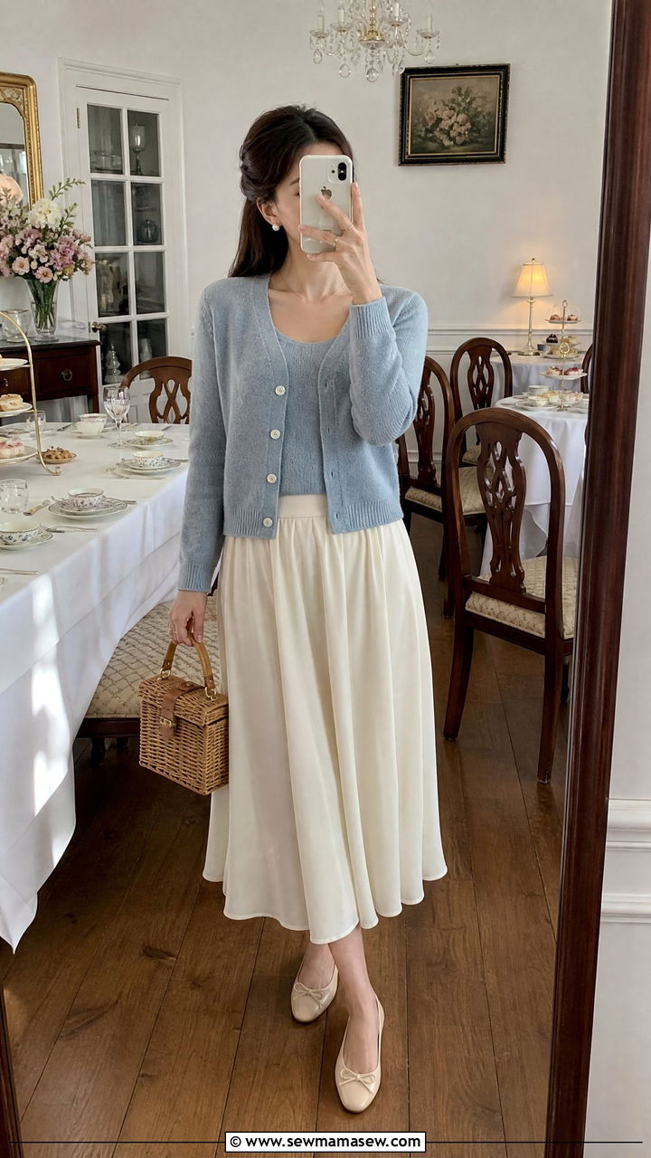 Cottagecore Cardigan Twin Set With Midi Skirt - 30 Cottagecore summer outfits