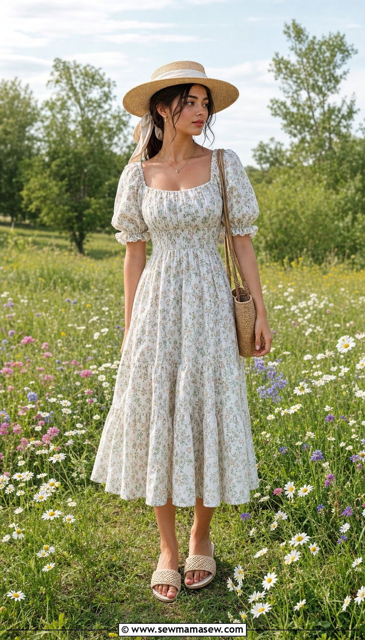 Cottagecore Dress With Woven Sandals - 25 Spring outfits for 20 year old woman