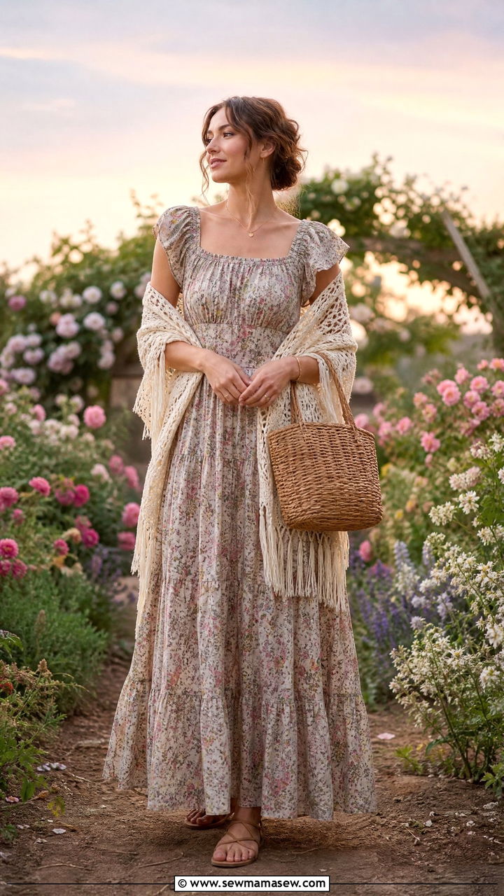Cottagecore Floral Maxi Dress With Shawl - 25 casual cottagecore outfits