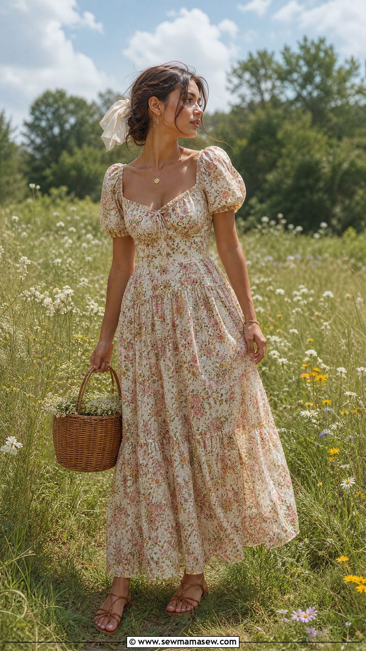 Cottagecore Floral Maxi Dress with Basket Bag - 30 summer picnic outfit ideas