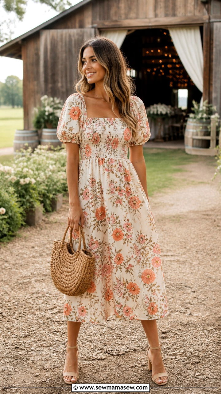 Cottagecore Floral Midi Dress with Block Heels - 40 Summer 2026 wedding guest outfit ideas