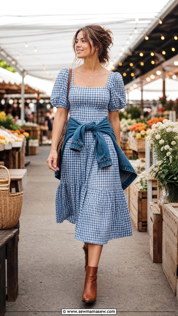 Cottagecore Gingham Dress With Ankle Boots - 25 casual cottagecore outfits