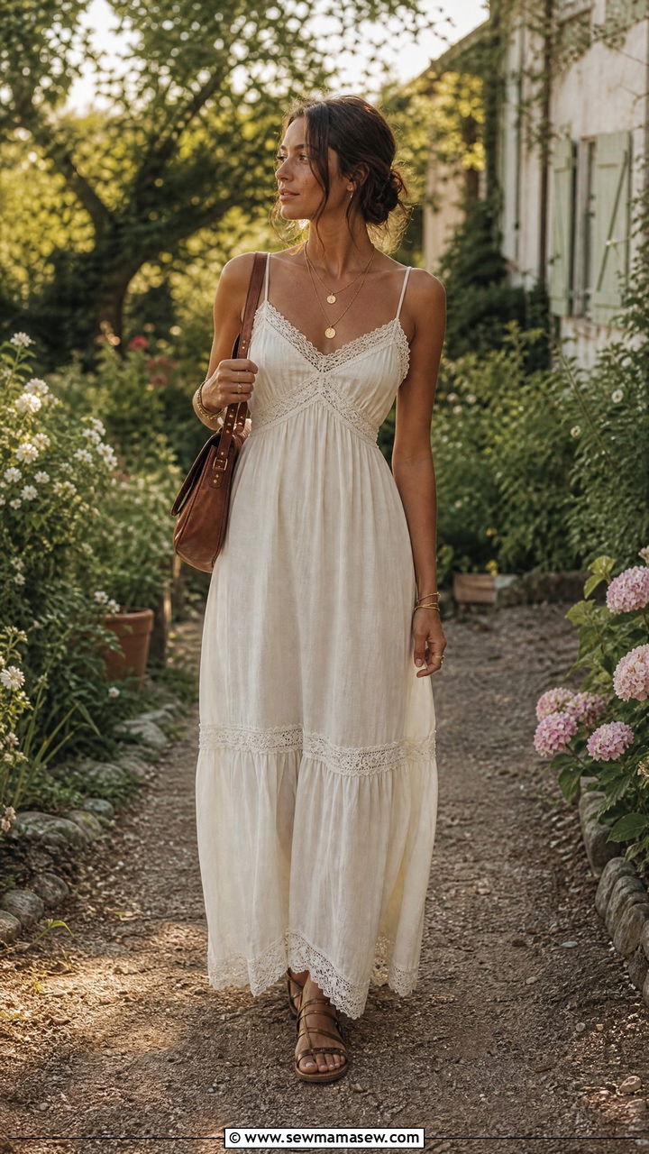 Cottagecore Lace Trim Maxi Dress With Sandals - 30 Cottagecore summer outfits
