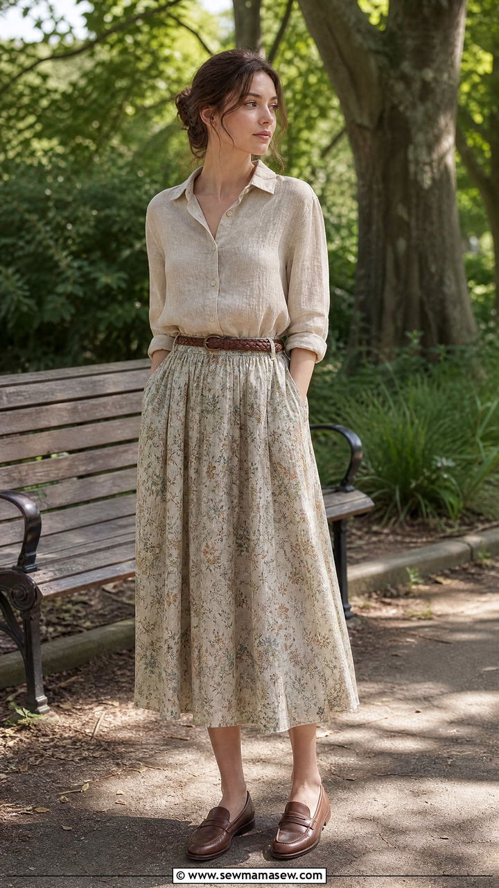 Cottagecore Linen Button Up And Midi Skirt - 25 casual cottagecore outfits