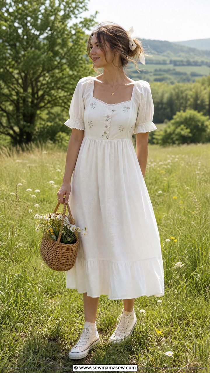Cottagecore Midi Dress With Canvas High Top Sneakers - 30 Midi dress outfit ideas with sneakers
