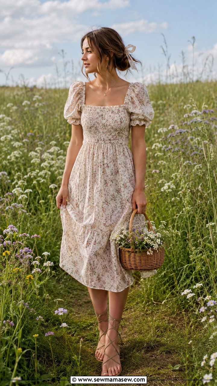Cottagecore Midi Dress With Lace Up Sandals - 30 Midi dress outfit ideas for summer