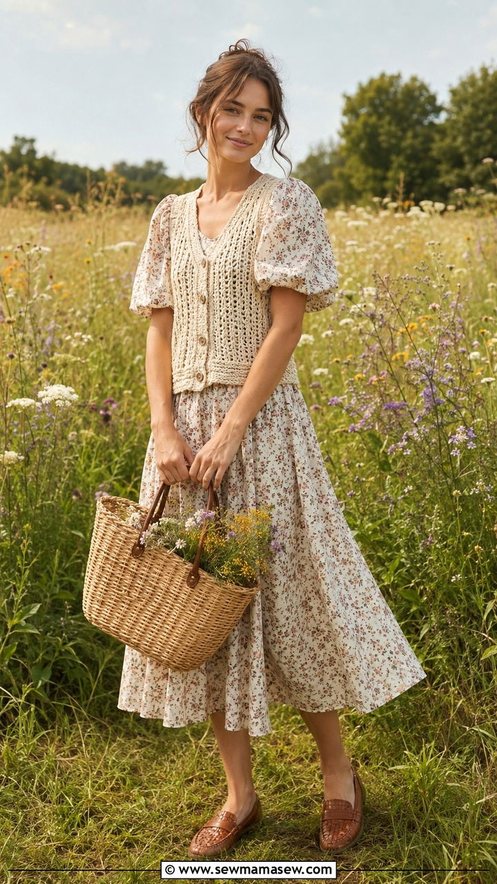 Cottagecore Midi Dress With Woven Accessories - 25 aesthetic outfits 2026