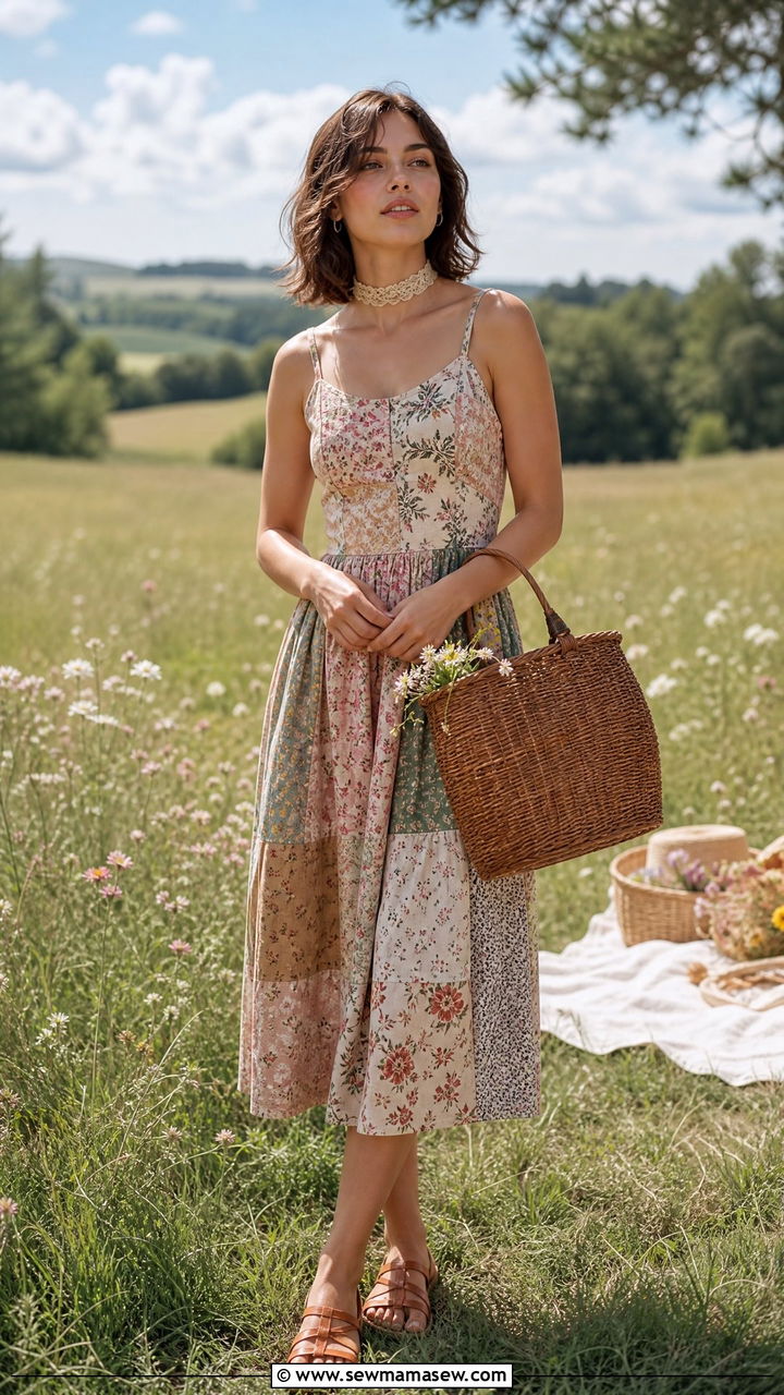 Cottagecore Patchwork Dress and Basket Bag - 30 fairycore outfits for women