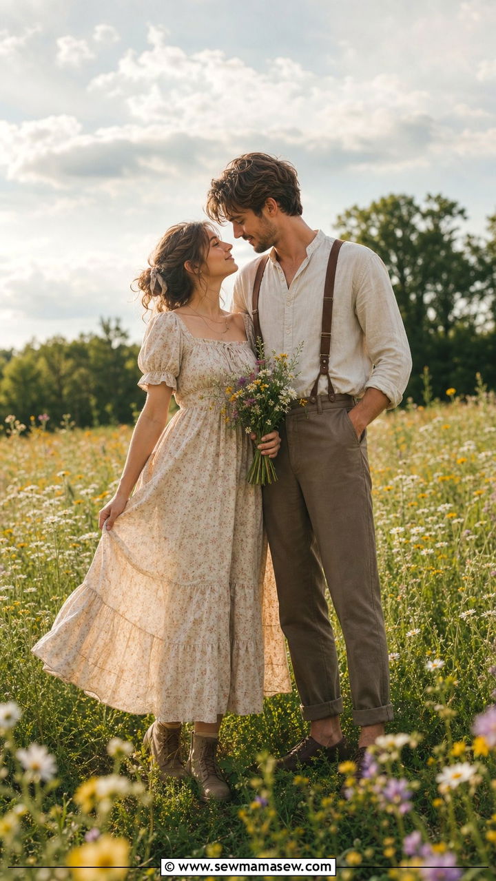 Cottagecore Prairie Dress and Suspenders - 25 Couples photo outfit ideas 2026