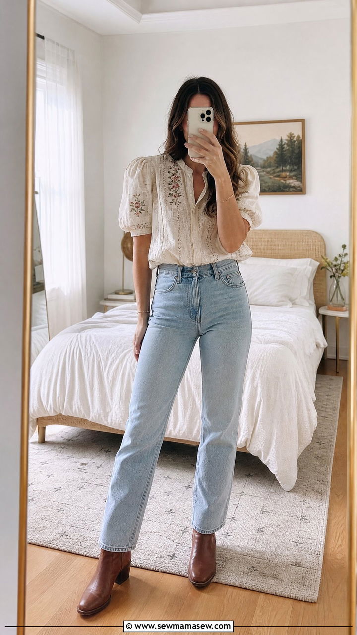 Cottagecore Puff Sleeve Blouse And Jeans - 25 casual cottagecore outfits
