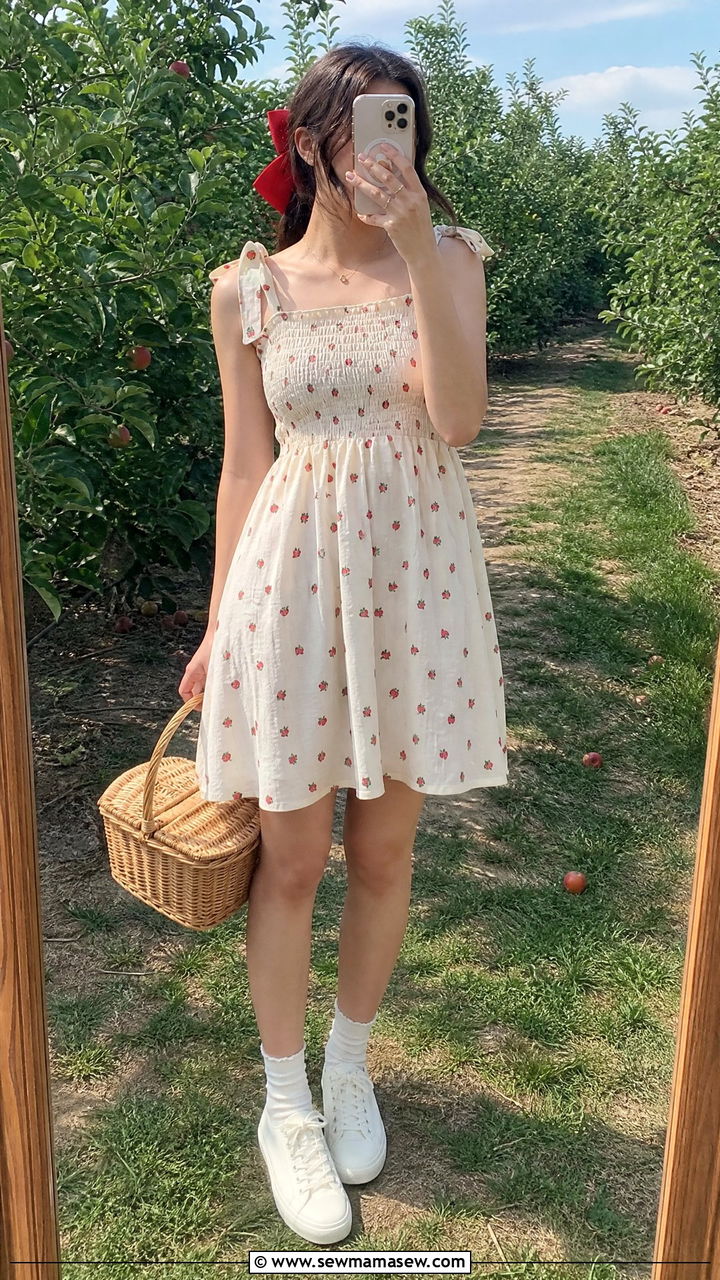 Cottagecore Strawberry Print Dress With Picnic Accessories - 30 Cottagecore summer outfits