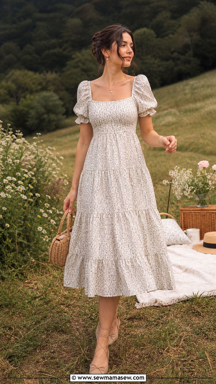 Cottagecore Tiered Midi Dress with Lace Up Ballet Flats - 40 summer cute outfit ideas
