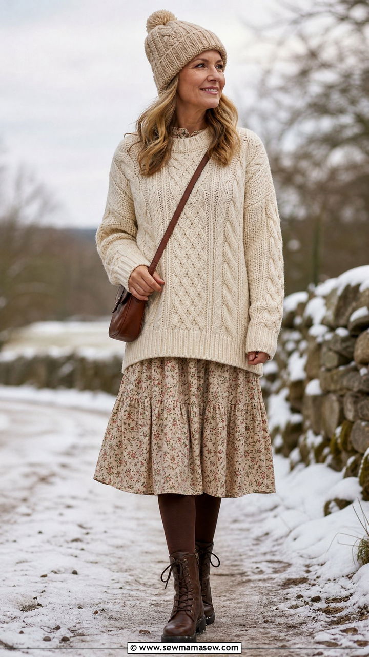Cottagecore cable knit sweater over dress - 30 Cottagecore outfits for women over 40