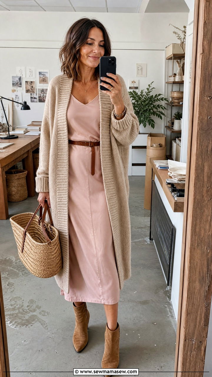 Cottagecore cardigan over dress - 30 Cottagecore outfits for women over 40