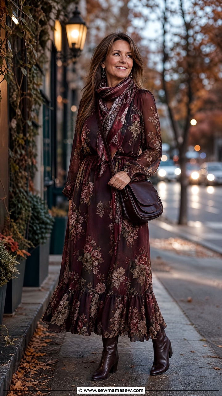 Cottagecore dark floral maxi dress - 30 Cottagecore outfits for women over 40