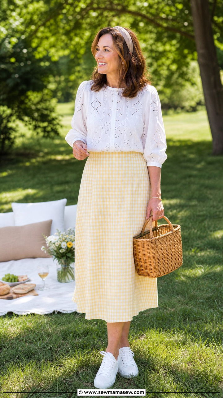 Cottagecore eyelet blouse and gingham skirt - 30 Cottagecore outfits for women over 40