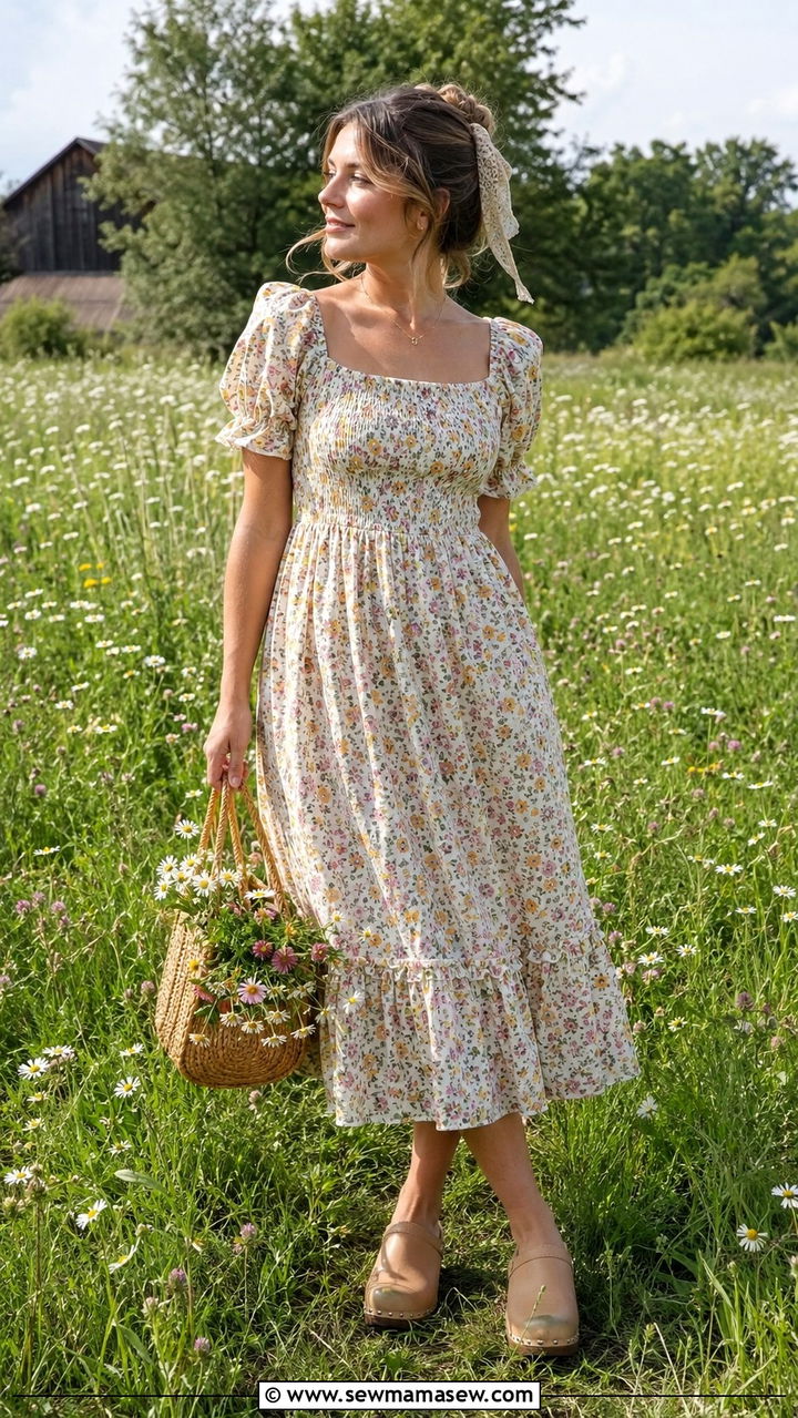 Cottagecore midi sundress with basket bag and clogs - 30 Spring outfits with sundresses