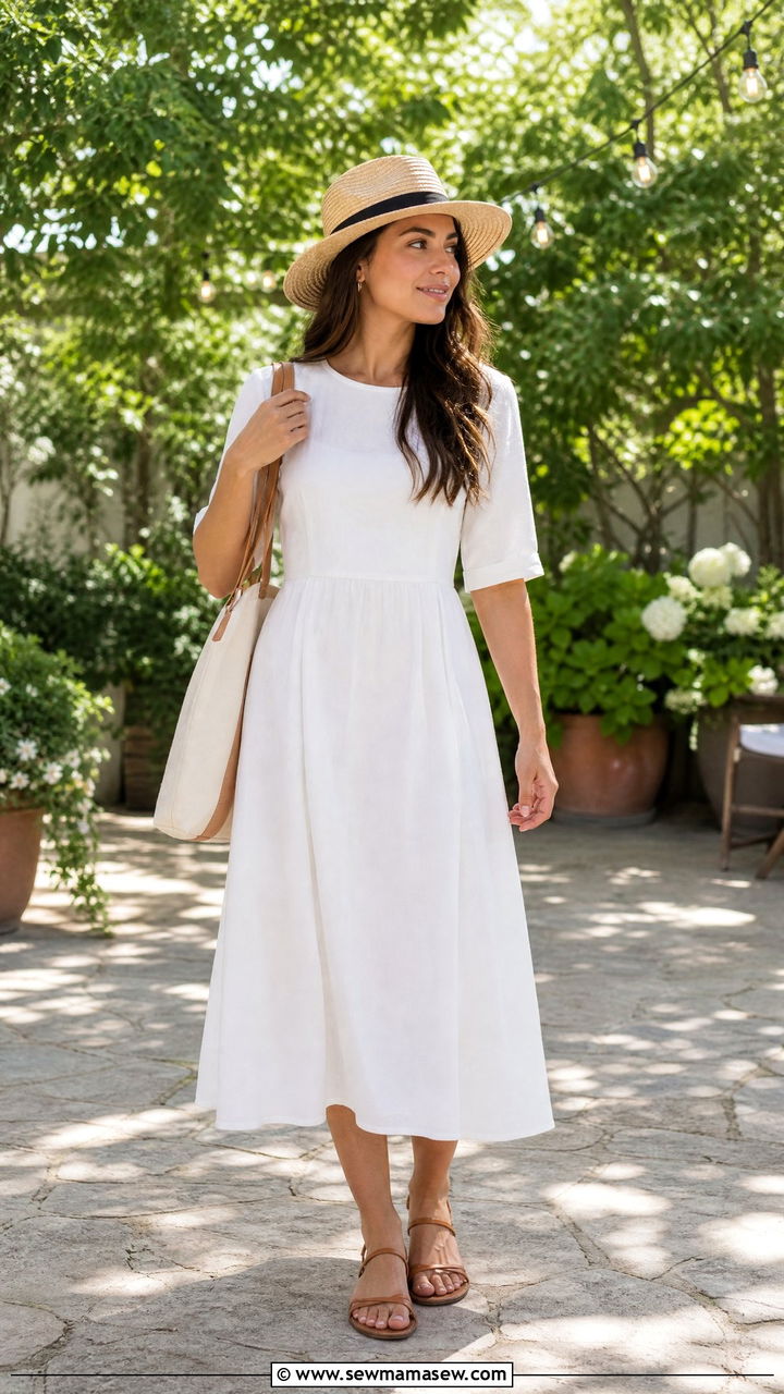 Cotton A line midi dress and flat sandals - 30 modest brunch outfit ideas